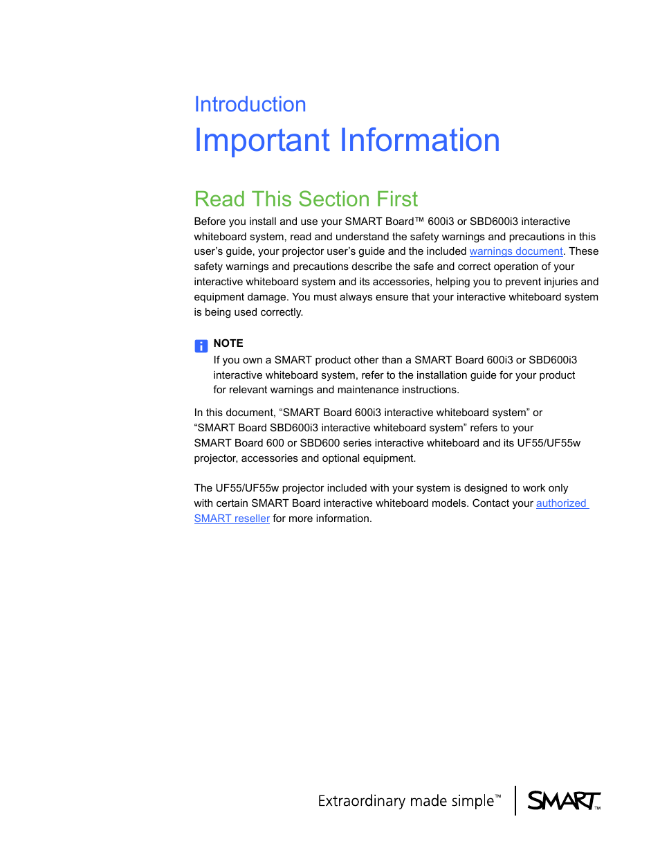 Important information, Read this section first, Introduction | Smart Technologies 600i3 User Manual | Page 3 / 86