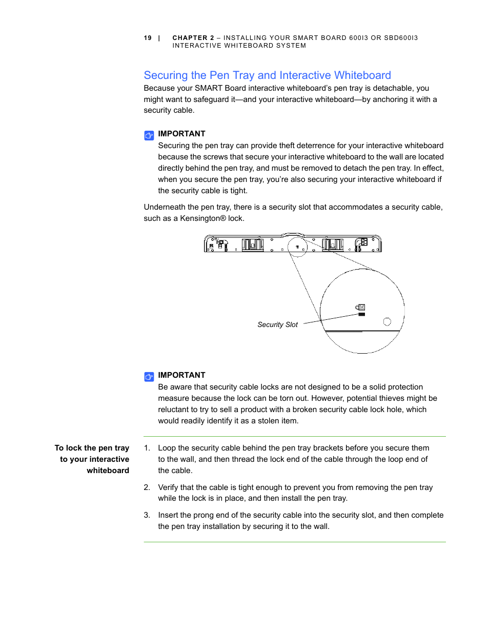 Securing the pen tray and interactive whiteboard | Smart Technologies 600i3 User Manual | Page 31 / 86