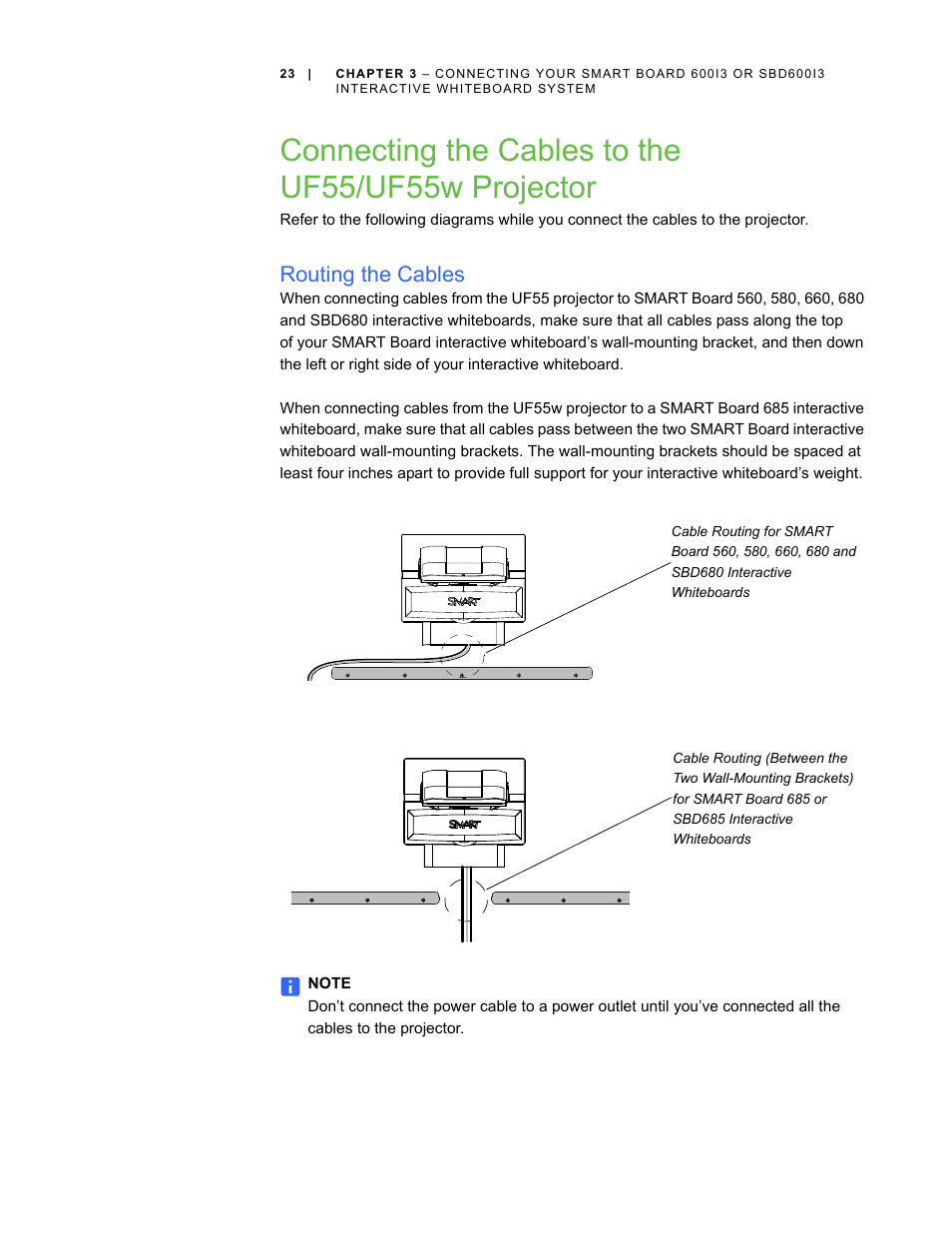 Connecting the cables to the uf55/uf55w projector, Routing the cables | Smart Technologies 600i3 User Manual | Page 35 / 86