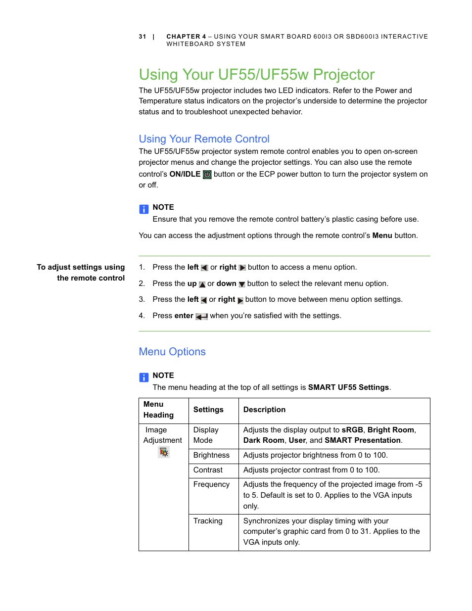 Using your uf55/uf55w projector, Using your remote control, Menu options | Smart Technologies 600i3 User Manual | Page 43 / 86