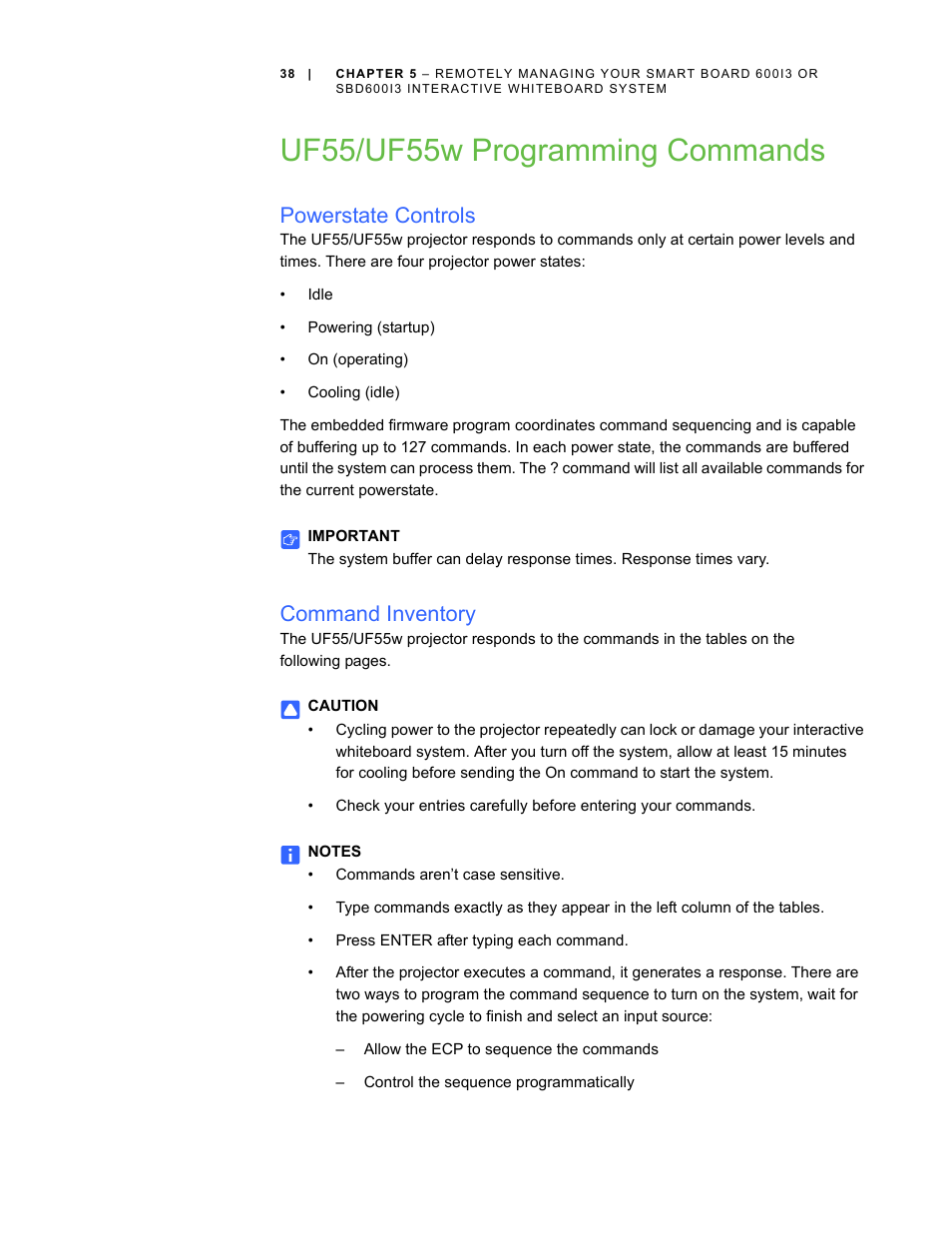 Uf55/uf55w programming commands, Powerstate controls, Command inventory | Smart Technologies 600i3 User Manual | Page 50 / 86