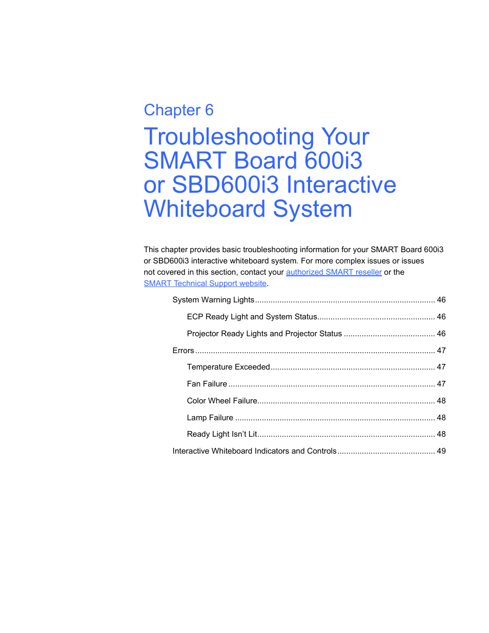 Troubleshooting your smart board 600i3, Chapter 6 | Smart Technologies 600i3 User Manual | Page 57 / 86