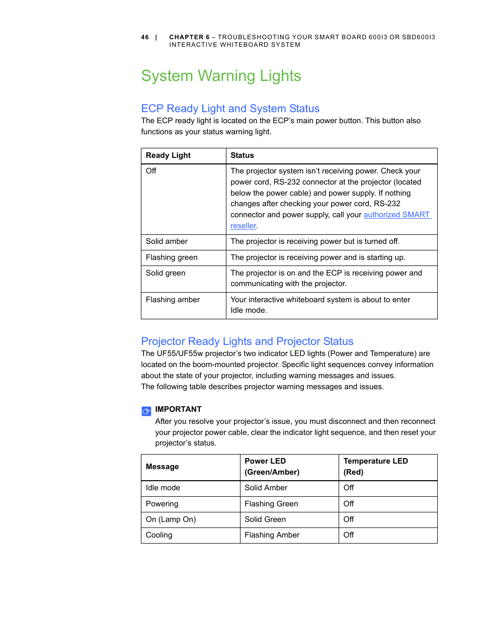 System warning lights, Ecp ready light and system status, Projector ready lights and projector status | Smart Technologies 600i3 User Manual | Page 58 / 86