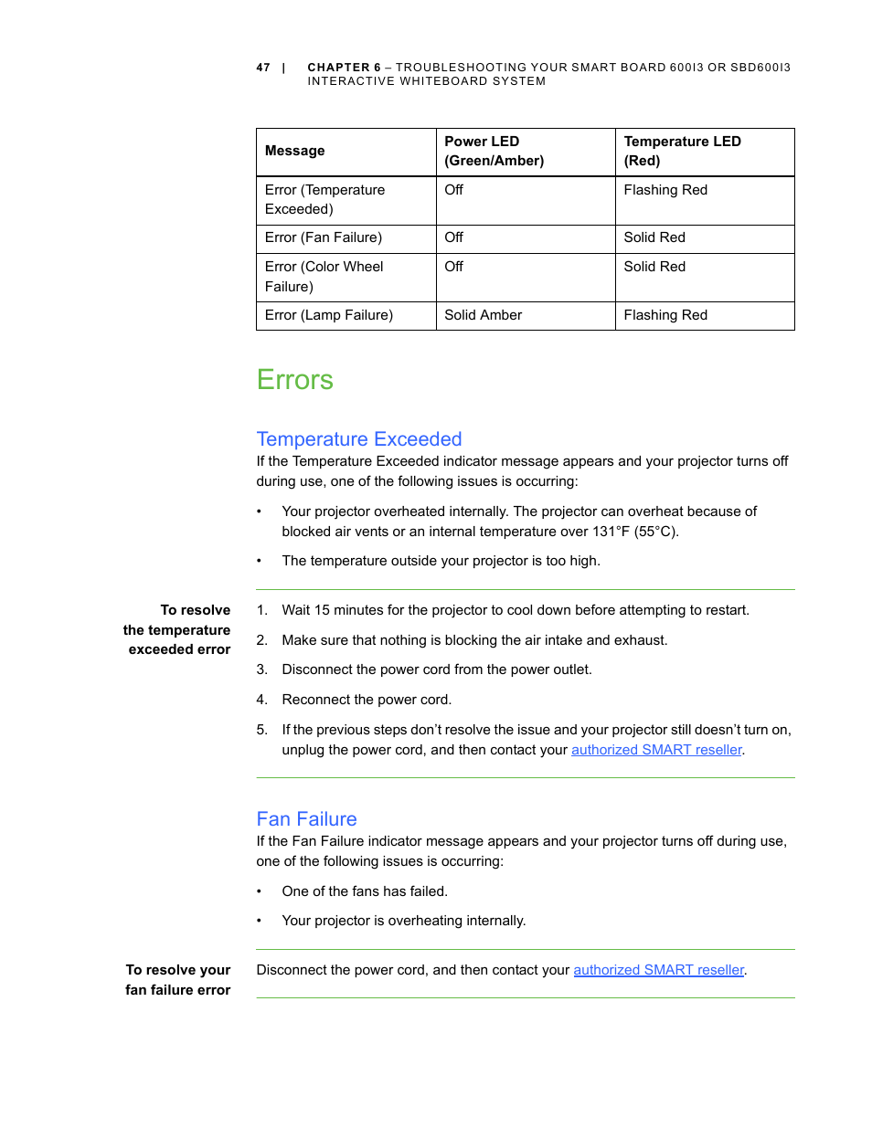 Errors, Temperature exceeded, Fan failure | Smart Technologies 600i3 User Manual | Page 59 / 86
