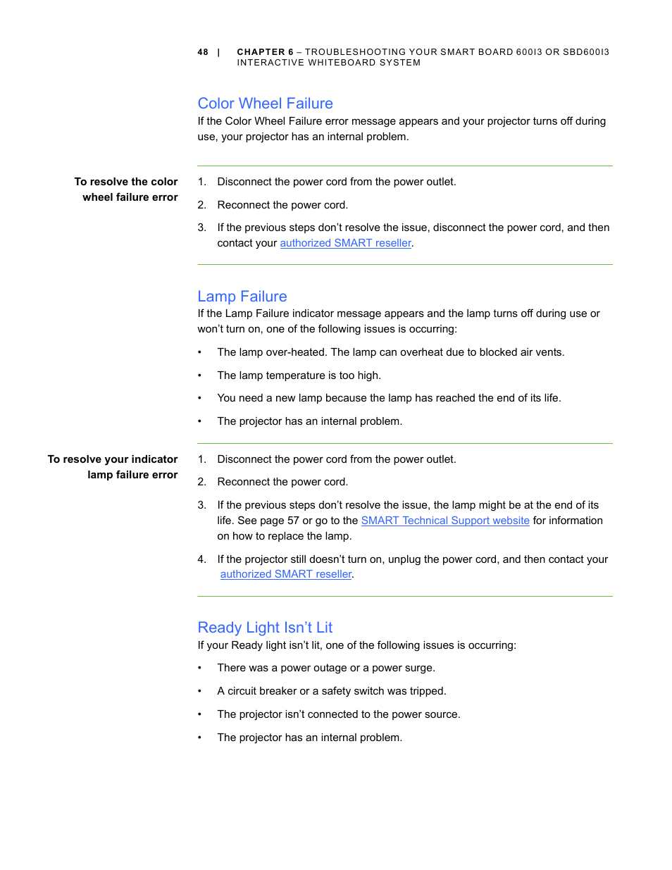 Color wheel failure, Lamp failure, Ready light isn’t lit | Smart Technologies 600i3 User Manual | Page 60 / 86