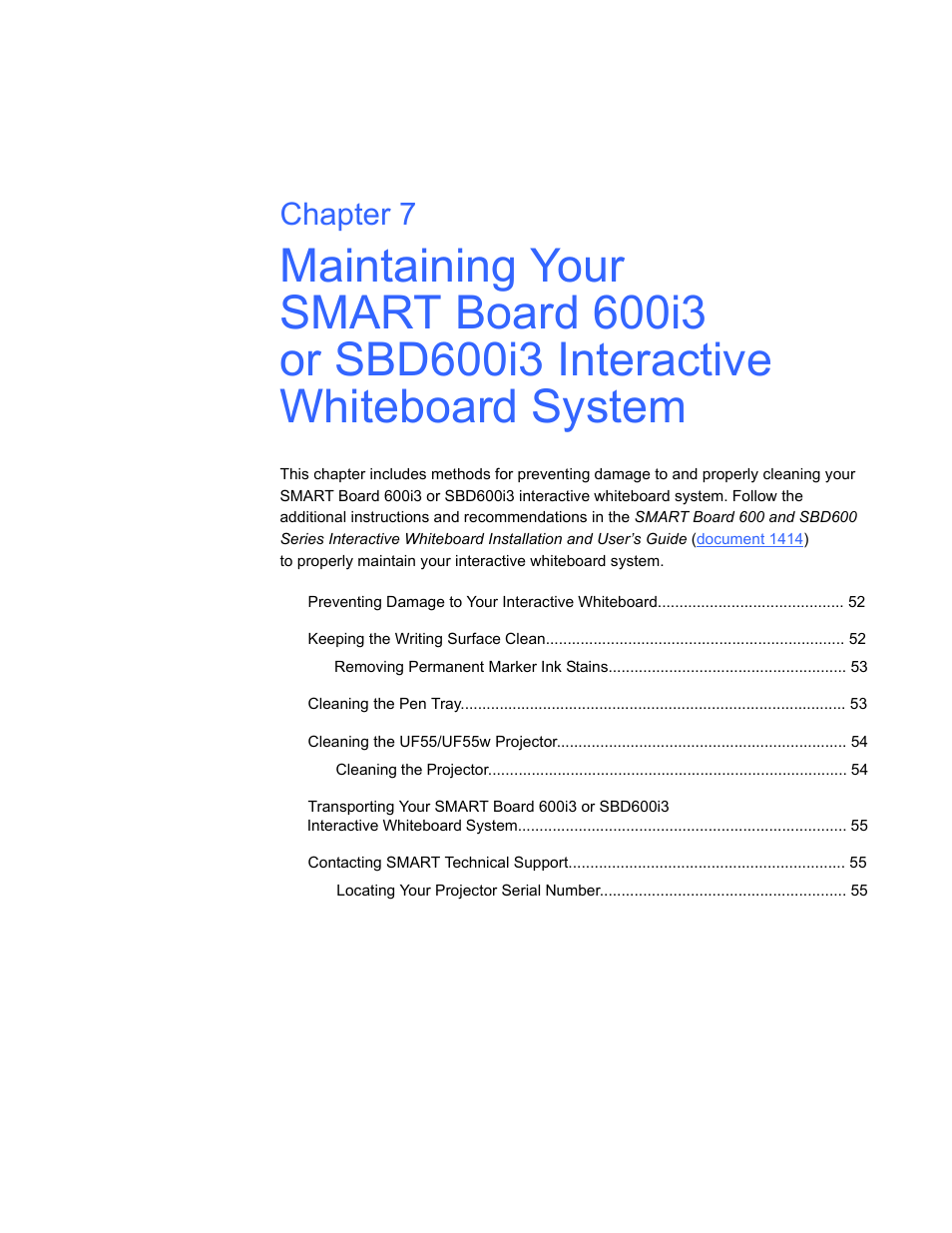 Maintaining your smart board 600i3 or, Chapter 7 | Smart Technologies 600i3 User Manual | Page 63 / 86