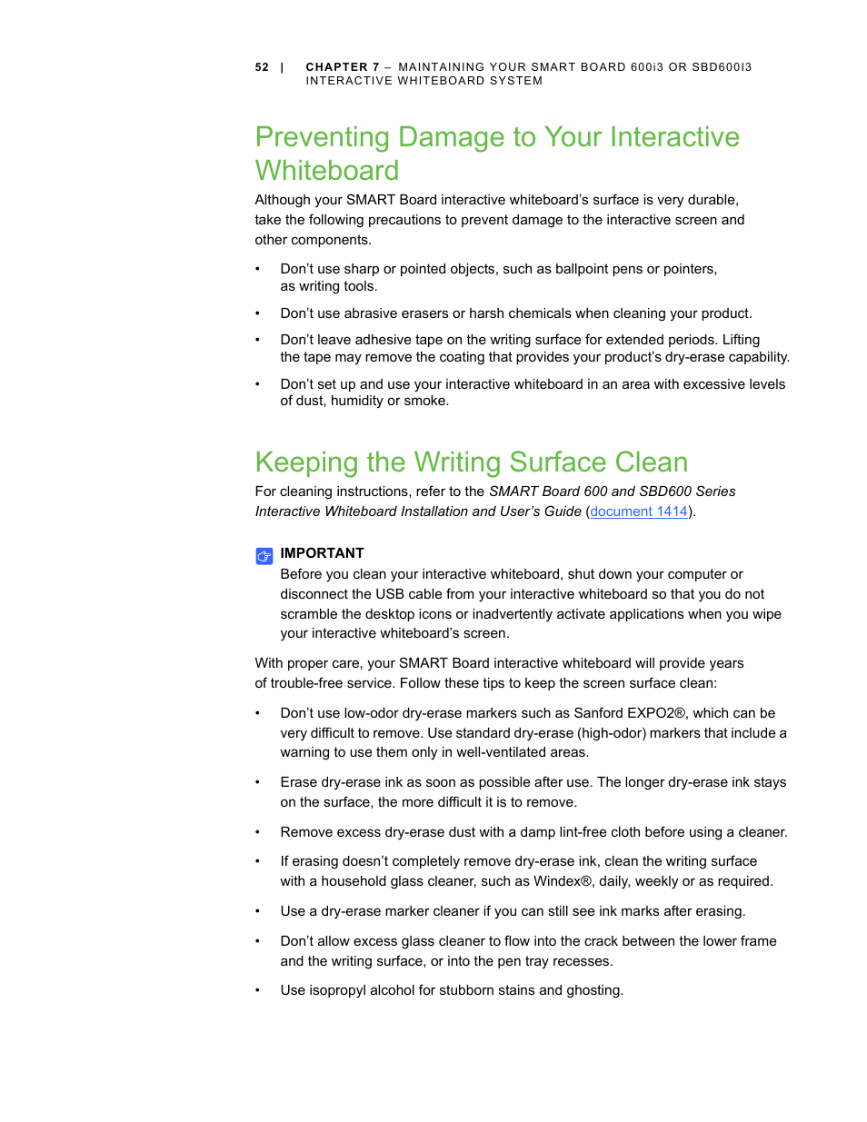 Preventing damage to your interactive whiteboard, Keeping the writing surface clean | Smart Technologies 600i3 User Manual | Page 64 / 86