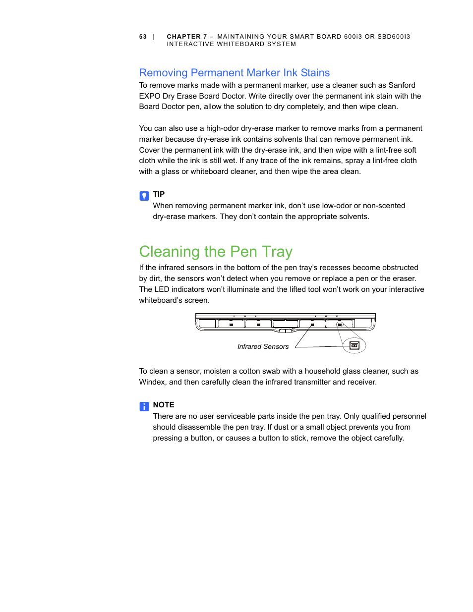 Removing permanent marker ink stains, Cleaning the pen tray | Smart Technologies 600i3 User Manual | Page 65 / 86