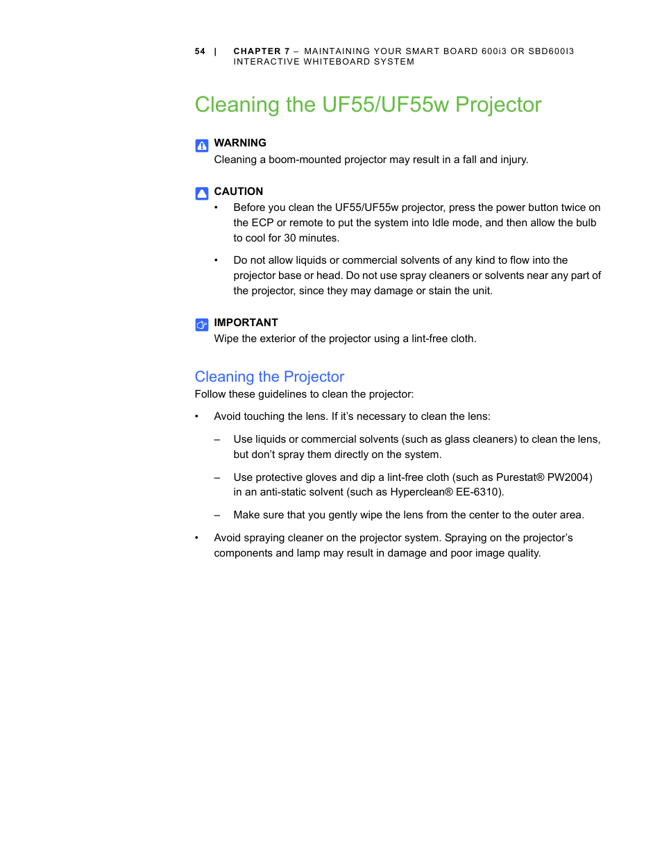 Cleaning the uf55/uf55w projector, Cleaning the projector | Smart Technologies 600i3 User Manual | Page 66 / 86