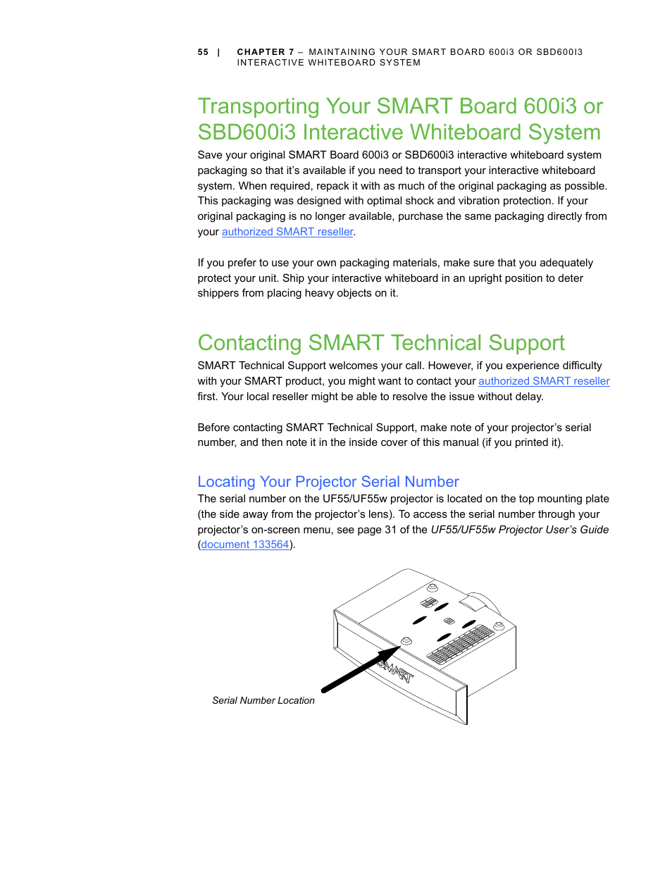 Contacting smart technical support, Locating your projector serial number | Smart Technologies 600i3 User Manual | Page 67 / 86