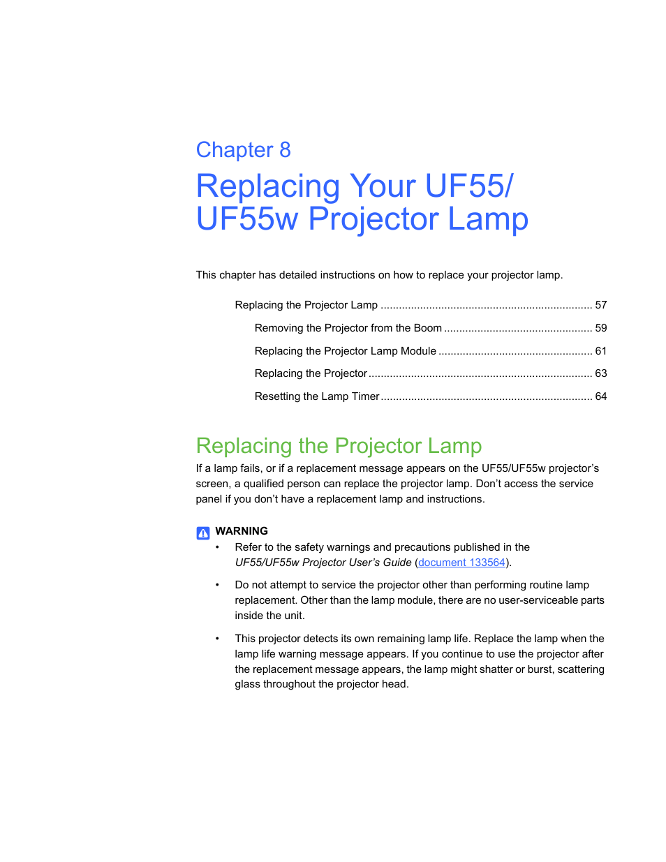 Replacing your uf55/ uf55w projector lamp, Replacing the projector lamp, Replacing your uf55/uf55w p | Chapter 8 | Smart Technologies 600i3 User Manual | Page 69 / 86