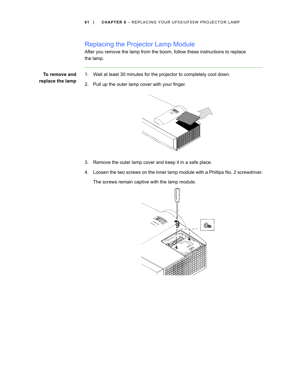 Replacing the projector lamp module | Smart Technologies 600i3 User Manual | Page 73 / 86