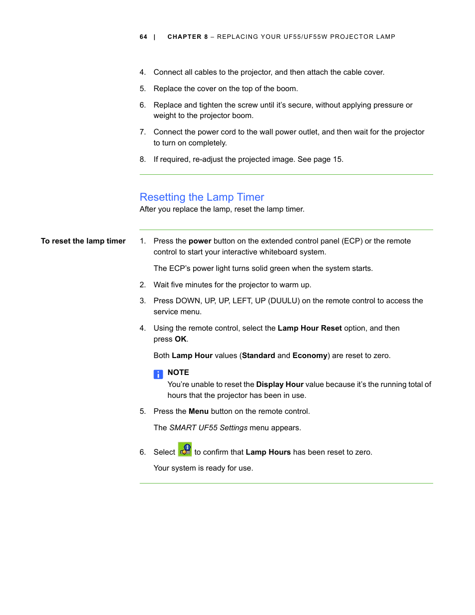 Resetting the lamp timer | Smart Technologies 600i3 User Manual | Page 76 / 86