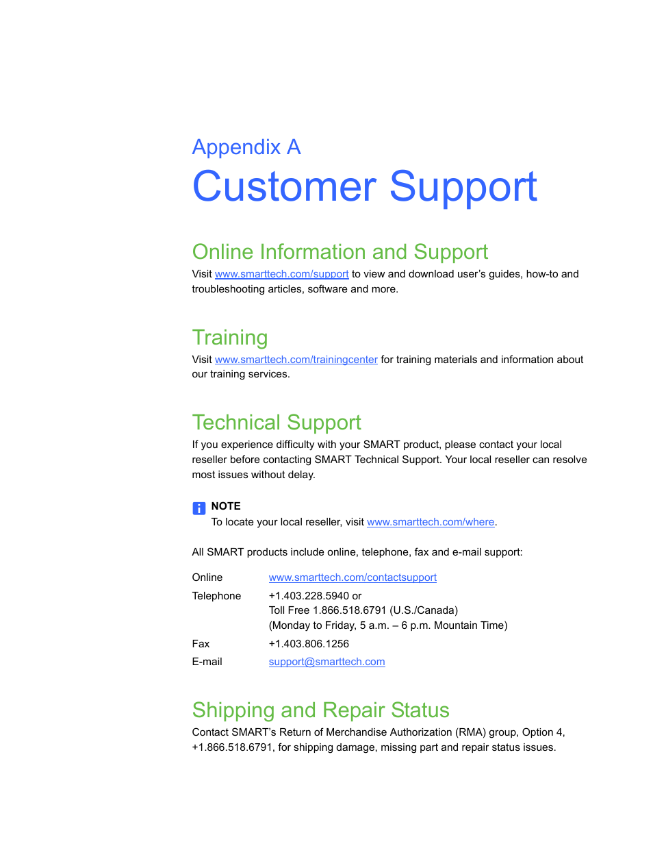 Customer support, Online information and support, Training | Technical support, Shipping and repair status, A customer support, Appendix a | Smart Technologies 600i3 User Manual | Page 77 / 86