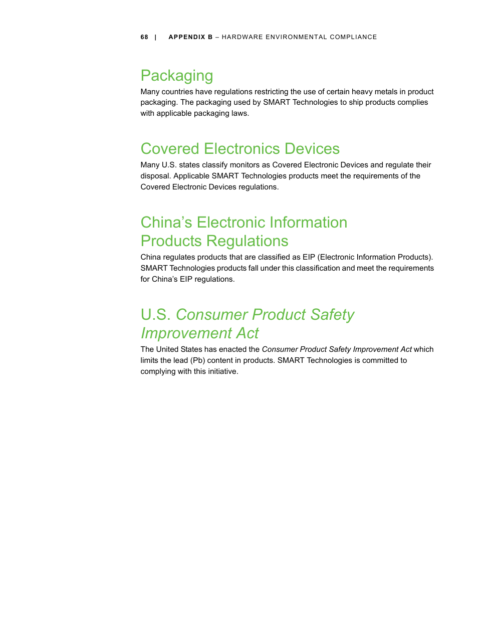 Packaging, Covered electronics devices, U.s. consumer product safety improvement act | Smart Technologies 600i3 User Manual | Page 80 / 86