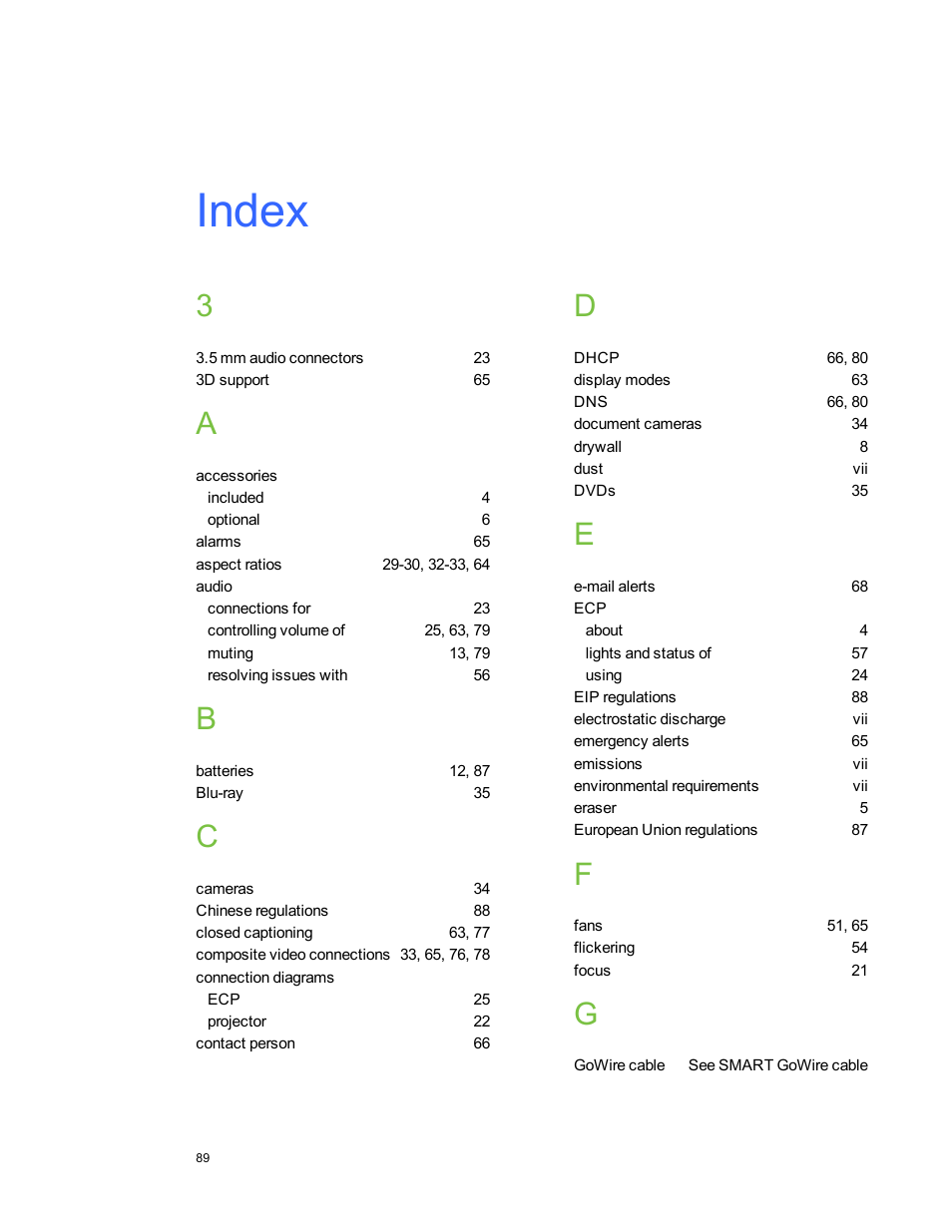 Index | Smart Technologies SMART Board 800i5-SMP User Manual | Page 101 / 106