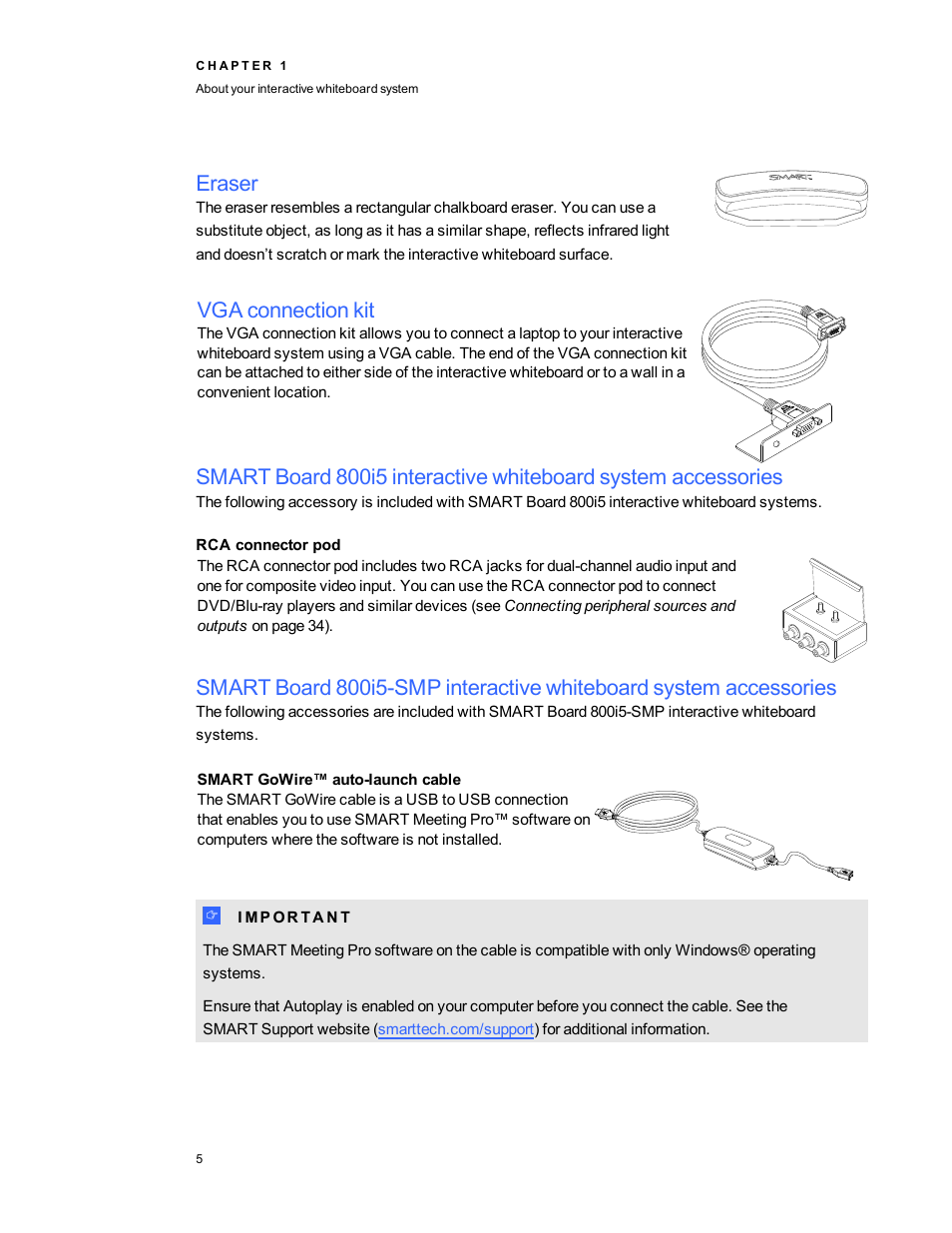 Eraser, Vga connection kit, Rca connector pod | Smart gowire™ auto-launch cable | Smart Technologies SMART Board 800i5-SMP User Manual | Page 17 / 106