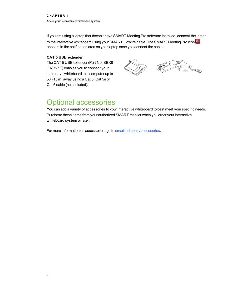 Cat 5 usb extender, Optional accessories | Smart Technologies SMART Board 800i5-SMP User Manual | Page 18 / 106