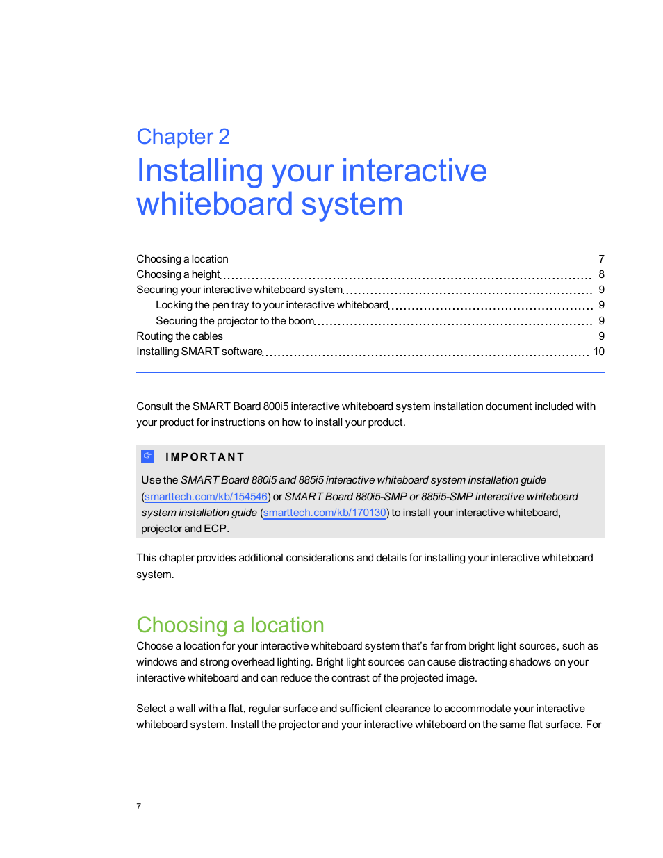 Choosing a location, Chapter 2 | Smart Technologies SMART Board 800i5-SMP User Manual | Page 19 / 106