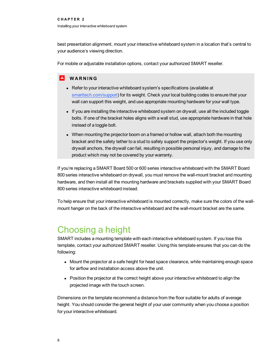 Choosing a height | Smart Technologies SMART Board 800i5-SMP User Manual | Page 20 / 106