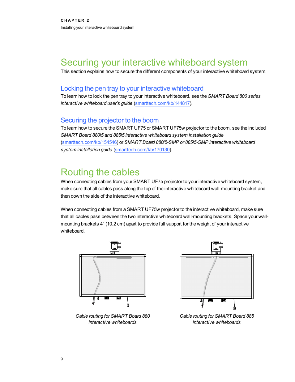 Securing your interactive whiteboard system, Securing the projector to the boom, Routing the cables | Smart Technologies SMART Board 800i5-SMP User Manual | Page 21 / 106