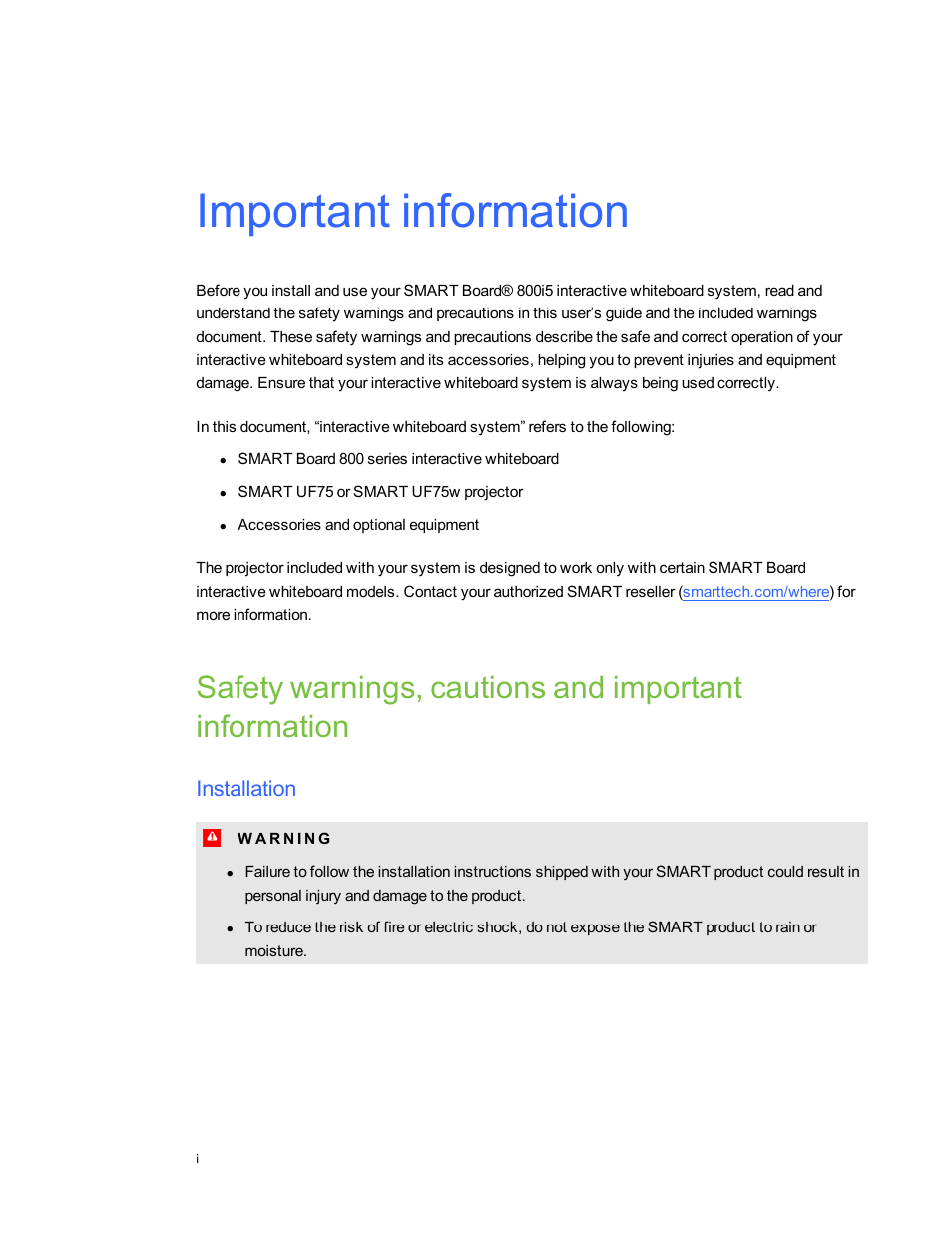 Important information, Installation | Smart Technologies SMART Board 800i5-SMP User Manual | Page 3 / 106