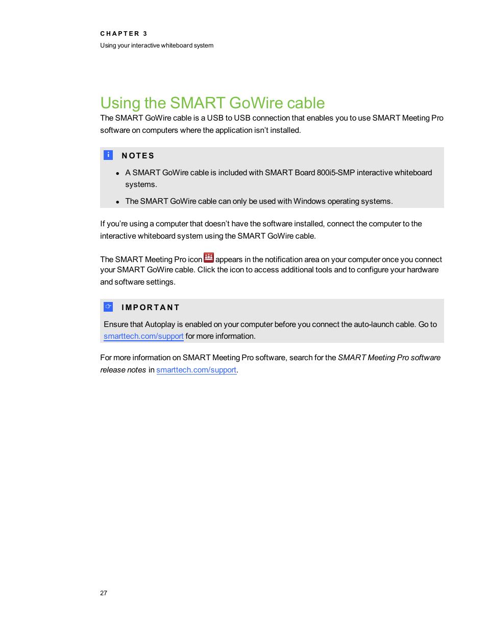 Using the smart gowire cable | Smart Technologies SMART Board 800i5-SMP User Manual | Page 39 / 106