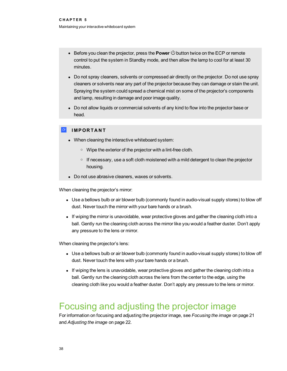 Focusing and adjusting the projector image | Smart Technologies SMART Board 800i5-SMP User Manual | Page 50 / 106