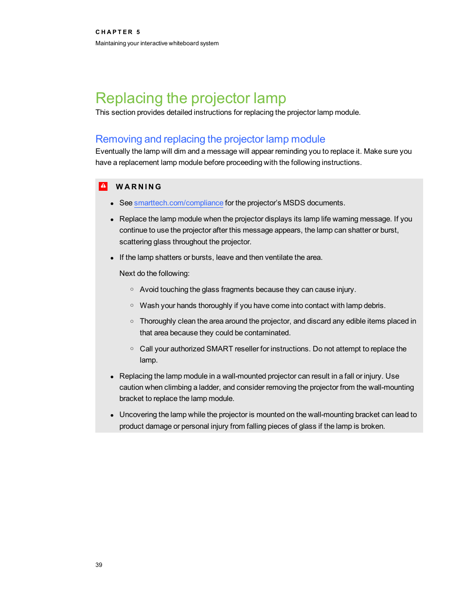 Replacing the projector lamp, Removing and replacing the projector lamp module | Smart Technologies SMART Board 800i5-SMP User Manual | Page 51 / 106