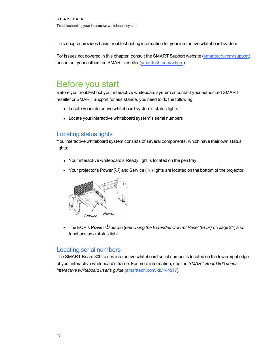 Before you start, Locating status lights, Locating serial numbers | Smart Technologies SMART Board 800i5-SMP User Manual | Page 58 / 106