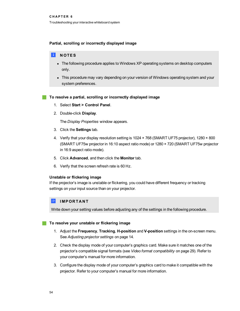 Partial, scrolling or incorrectly displayed image, Unstable or flickering image | Smart Technologies SMART Board 800i5-SMP User Manual | Page 66 / 106