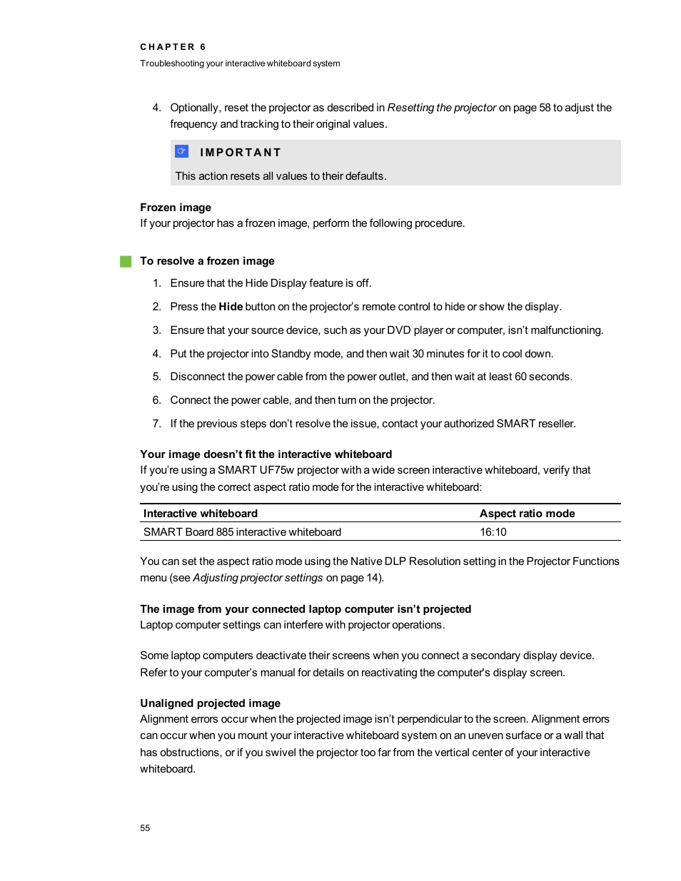 Frozen image, Your image doesn’t fit the interactive whiteboard, Unaligned projected image | Smart Technologies SMART Board 800i5-SMP User Manual | Page 67 / 106