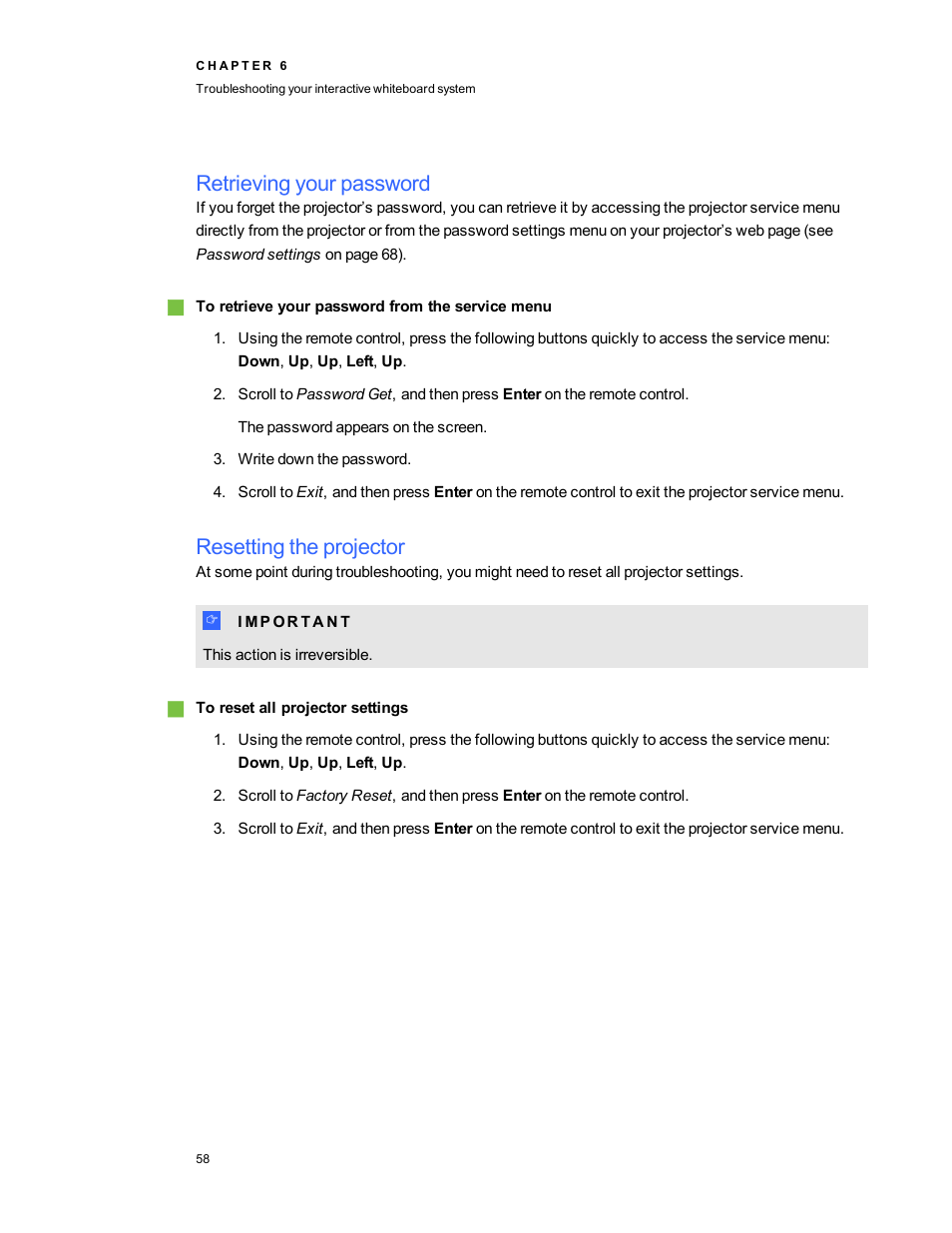 Retrieving your password, Resetting the projector | Smart Technologies SMART Board 800i5-SMP User Manual | Page 70 / 106