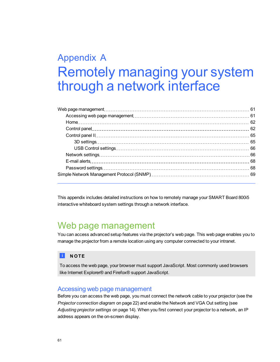 Web page management, Appendix a | Smart Technologies SMART Board 800i5-SMP User Manual | Page 73 / 106