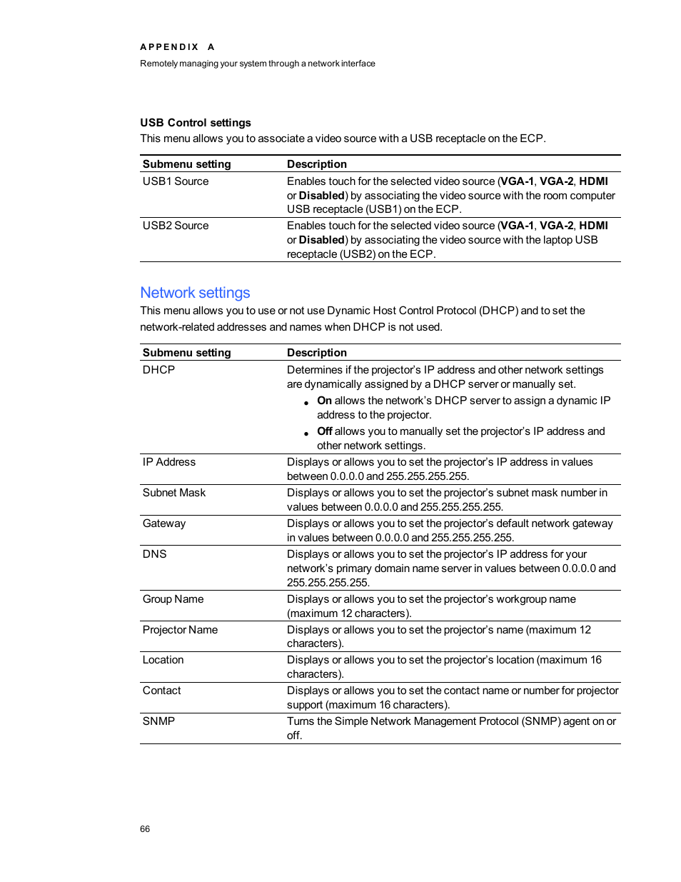 Usb control settings, Network settings | Smart Technologies SMART Board 800i5-SMP User Manual | Page 78 / 106