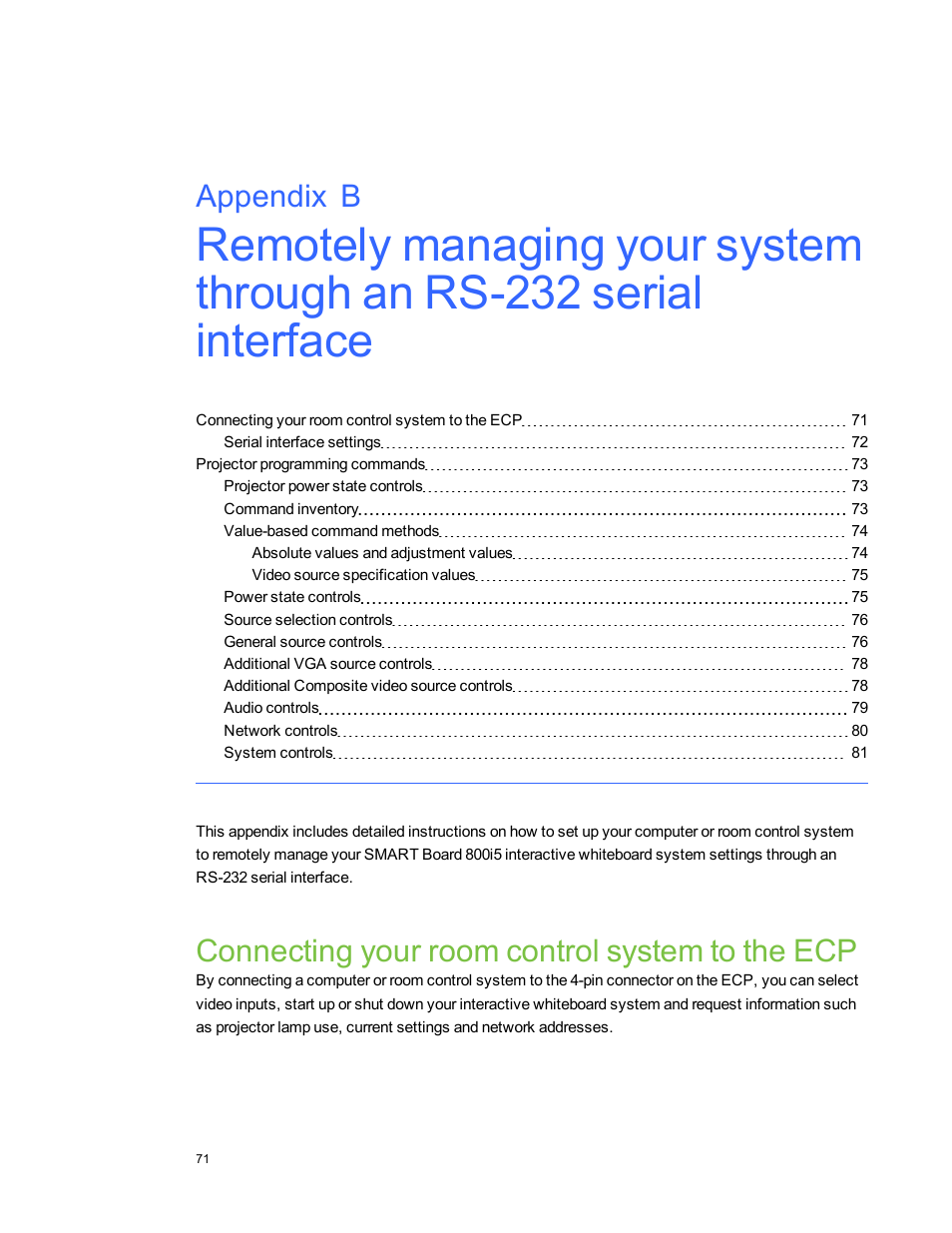 Connecting your room control system to the ecp, Appendix b | Smart Technologies SMART Board 800i5-SMP User Manual | Page 83 / 106