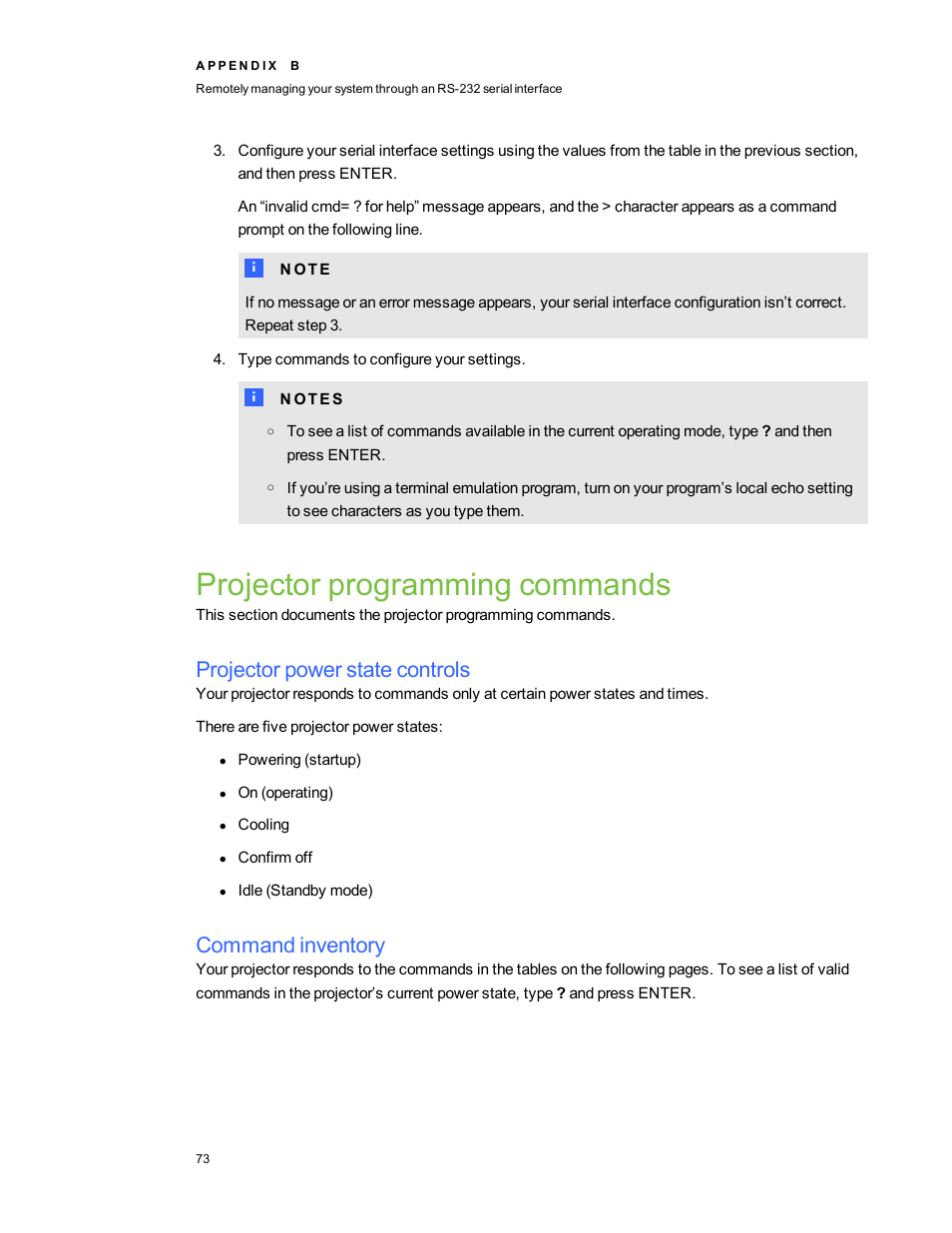 Projector programming commands, Projector power state controls, Command inventory | Projector programming | Smart Technologies SMART Board 800i5-SMP User Manual | Page 85 / 106