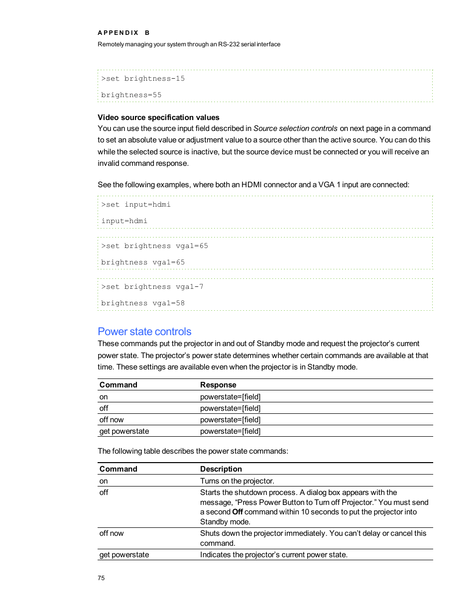 Video source specification values, Power state controls | Smart Technologies SMART Board 800i5-SMP User Manual | Page 87 / 106