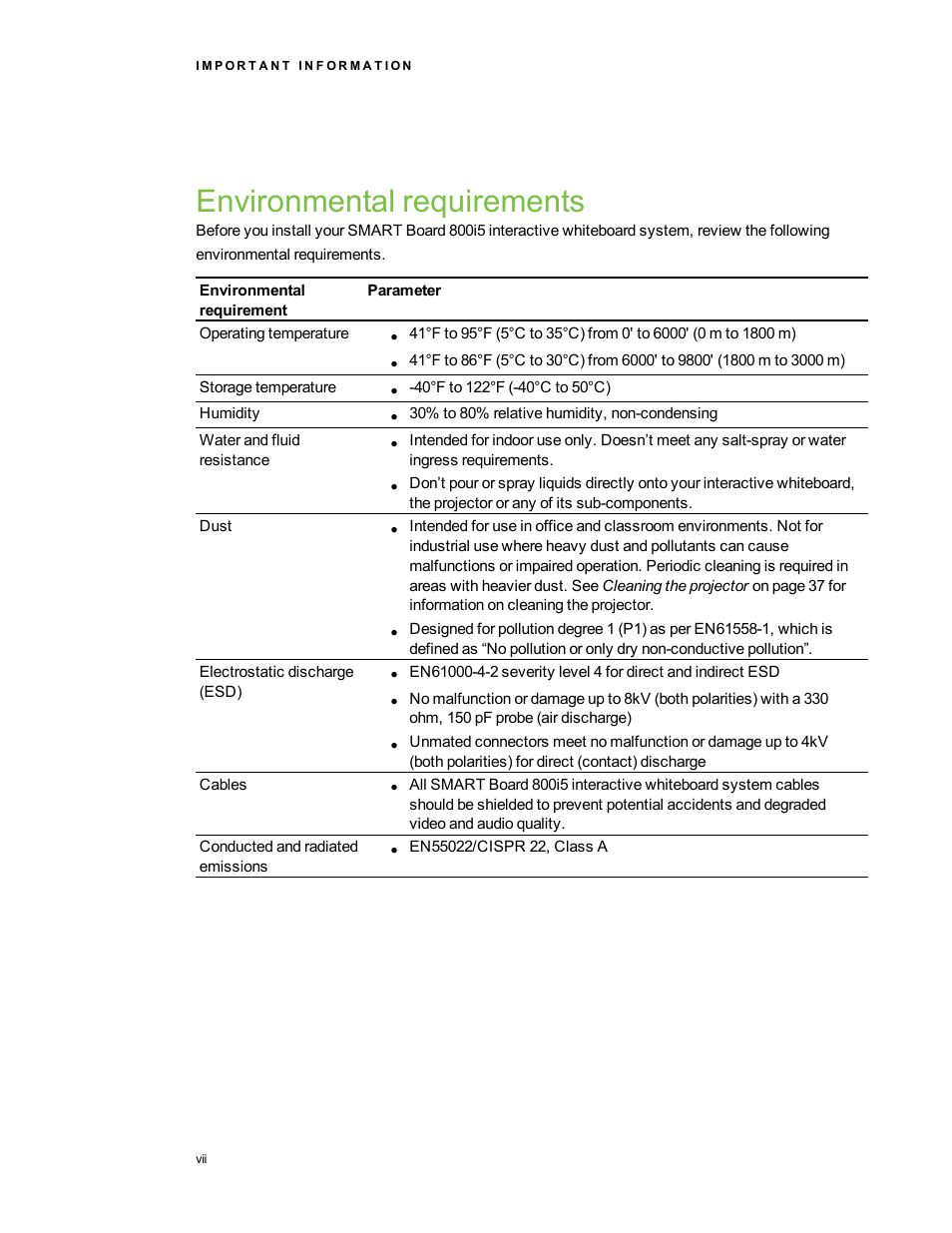 Environmental requirements | Smart Technologies SMART Board 800i5-SMP User Manual | Page 9 / 106