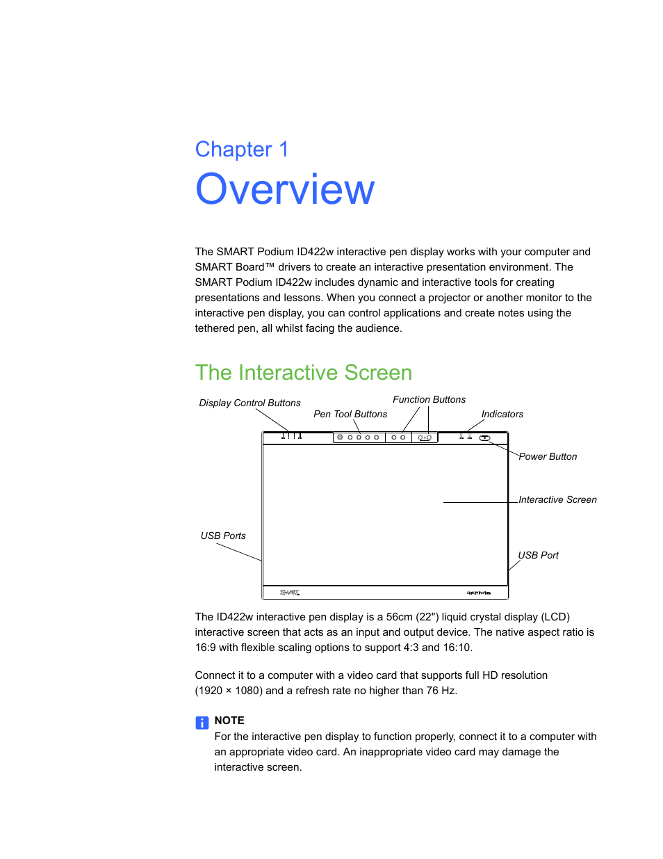 Overview, The interactive screen, Chapter 1 | Smart Technologies ID422w User Manual | Page 11 / 66