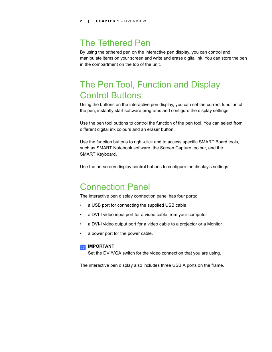 The tethered pen, The pen tool, function and display control buttons, Connection panel | Smart Technologies ID422w User Manual | Page 12 / 66