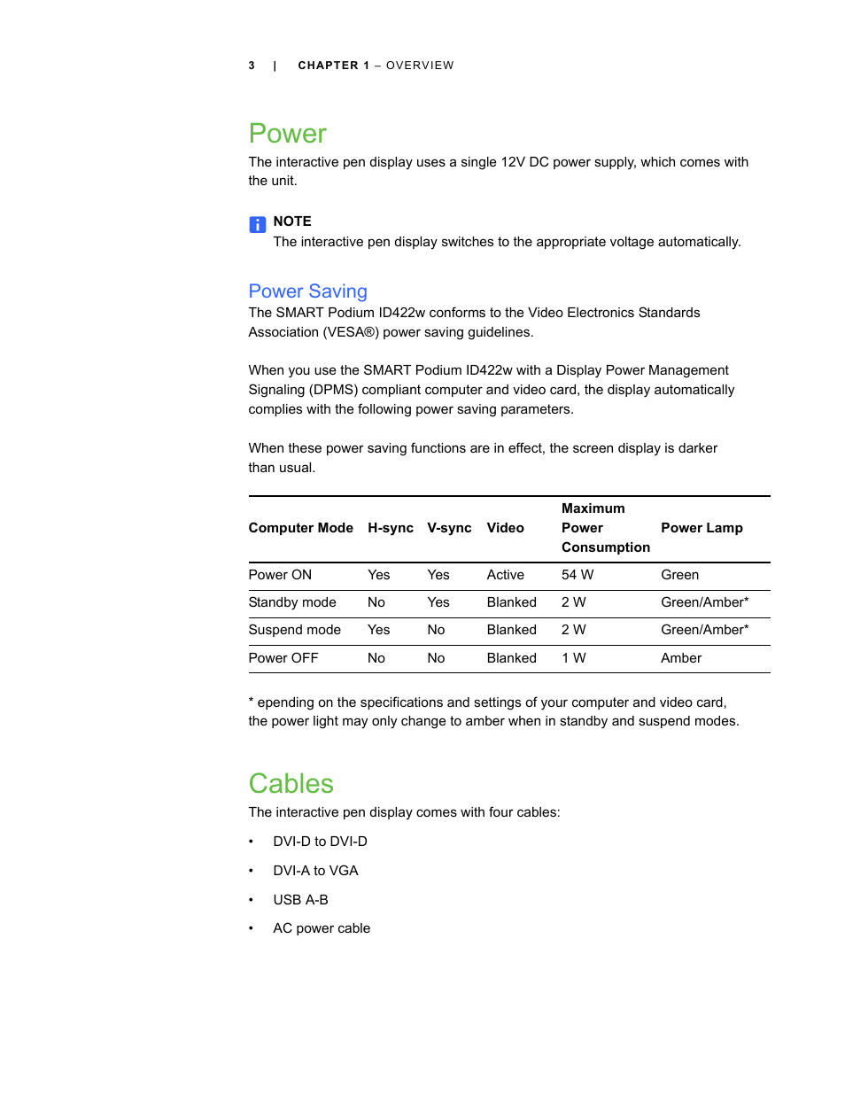 Power, Power saving, Cables | Smart Technologies ID422w User Manual | Page 13 / 66