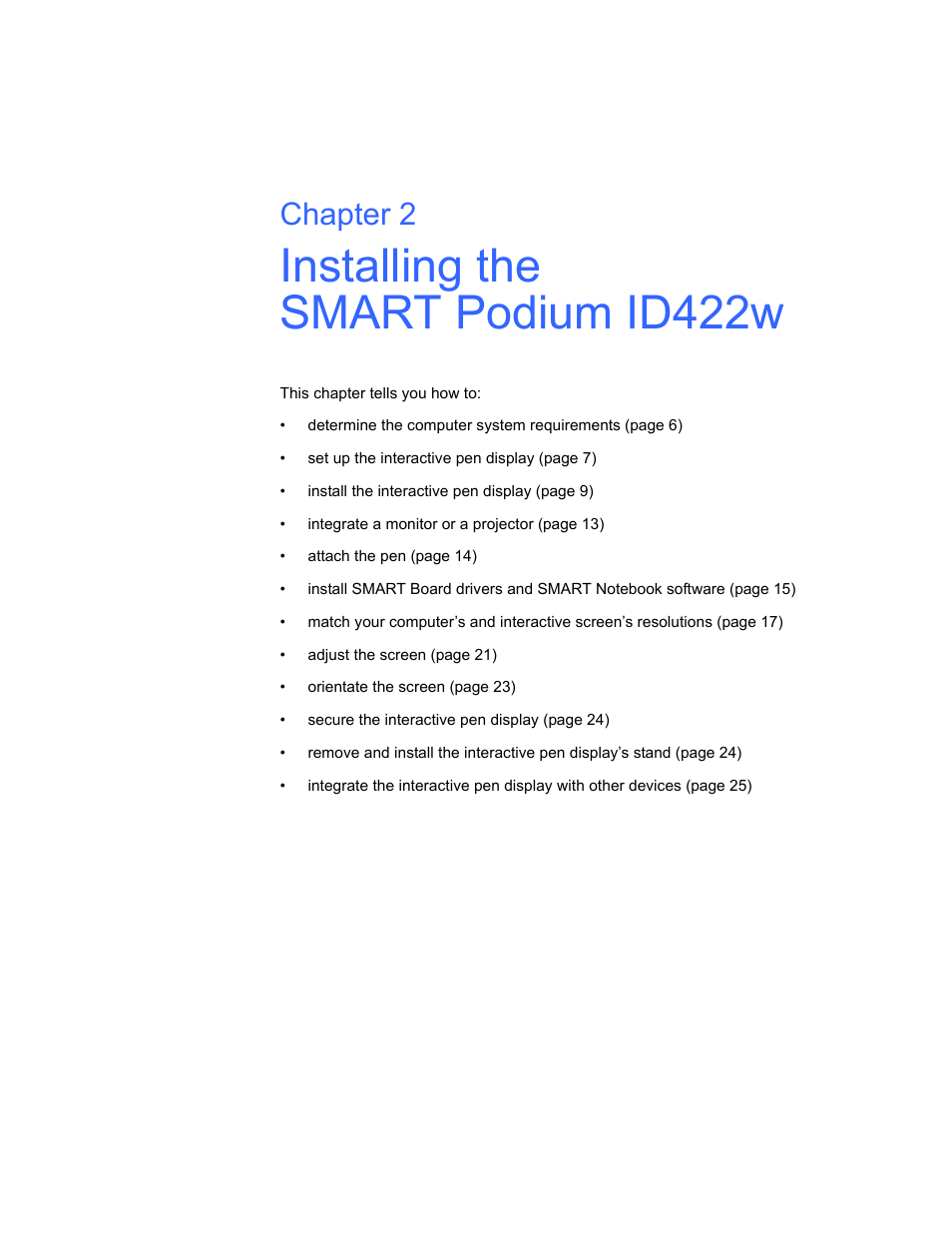 Installing the smart podium id422w, Chapter 2 | Smart Technologies ID422w User Manual | Page 15 / 66