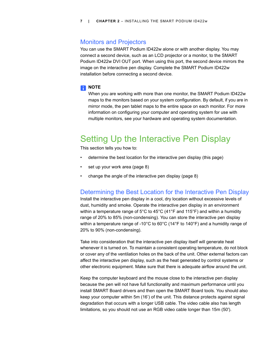 Monitors and projectors, Setting up the interactive pen display | Smart Technologies ID422w User Manual | Page 17 / 66