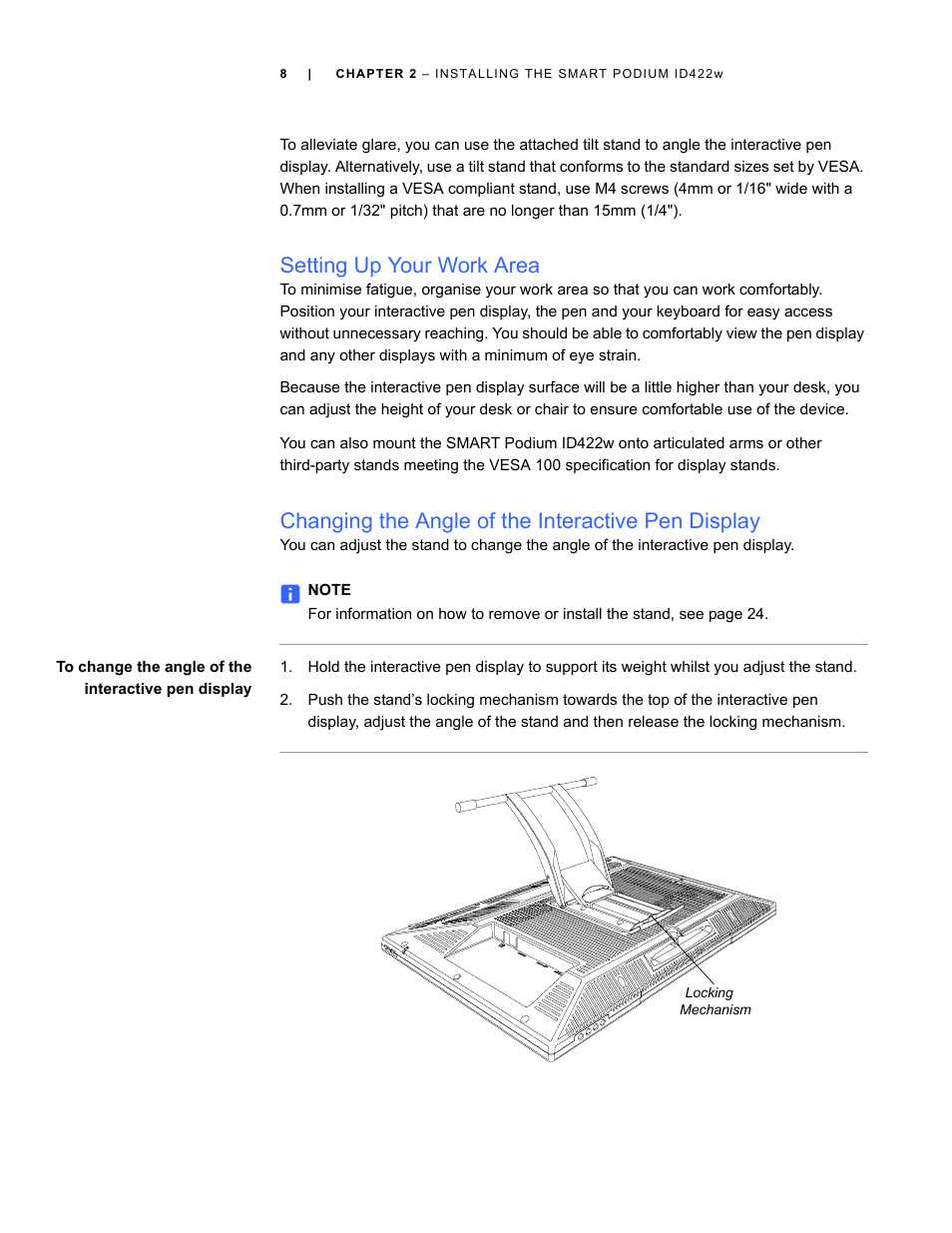 Setting up your work area, Changing the angle of the interactive pen display | Smart Technologies ID422w User Manual | Page 18 / 66