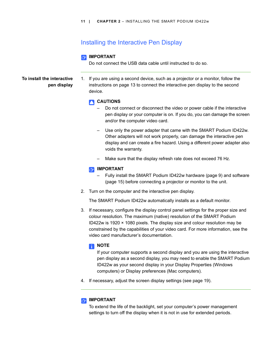 Installing the interactive pen display | Smart Technologies ID422w User Manual | Page 21 / 66