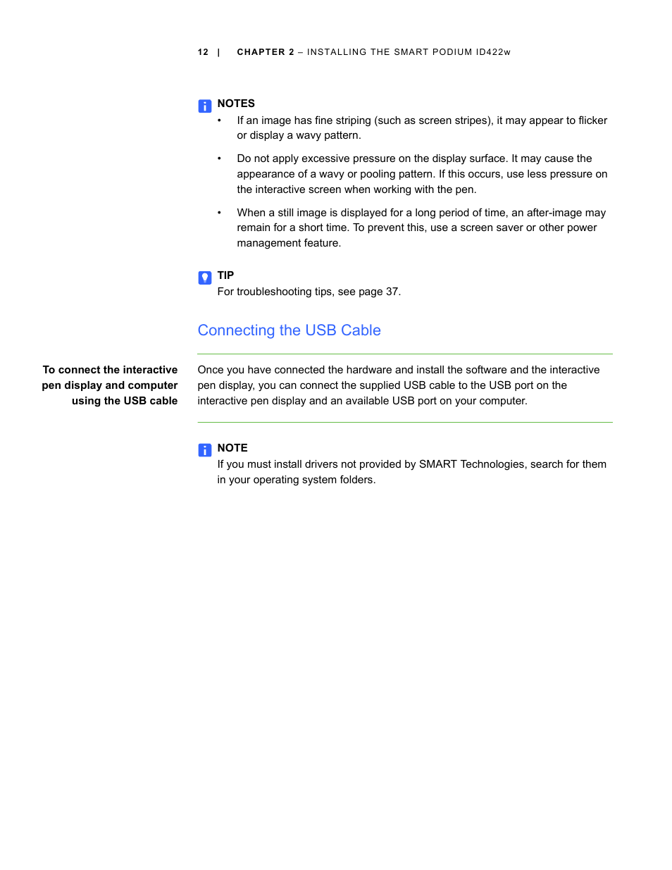 Connecting the usb cable | Smart Technologies ID422w User Manual | Page 22 / 66