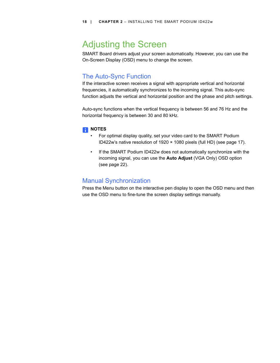 Adjusting the screen, The auto-sync function, Manual synchronization | Smart Technologies ID422w User Manual | Page 28 / 66