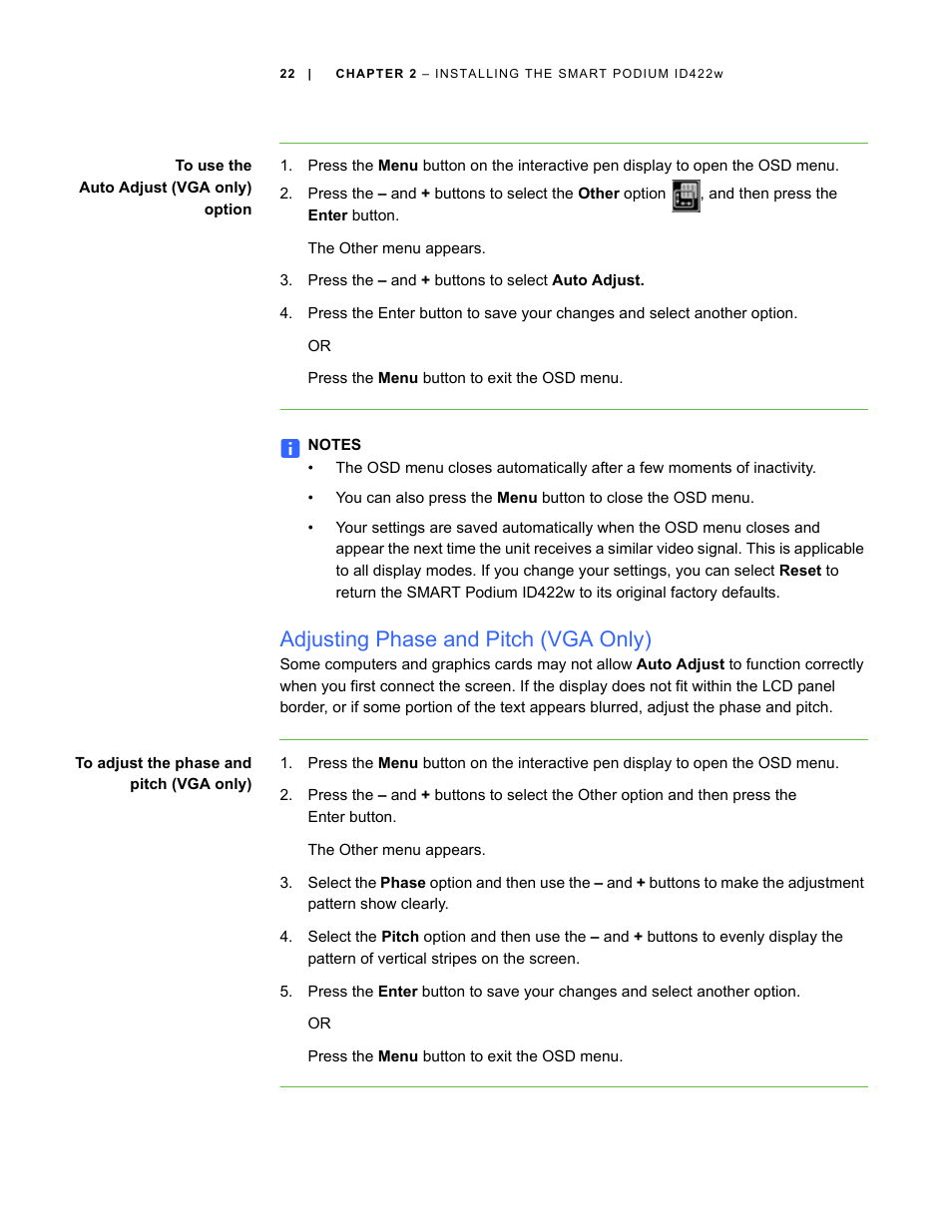 Adjusting phase and pitch (vga only) | Smart Technologies ID422w User Manual | Page 32 / 66