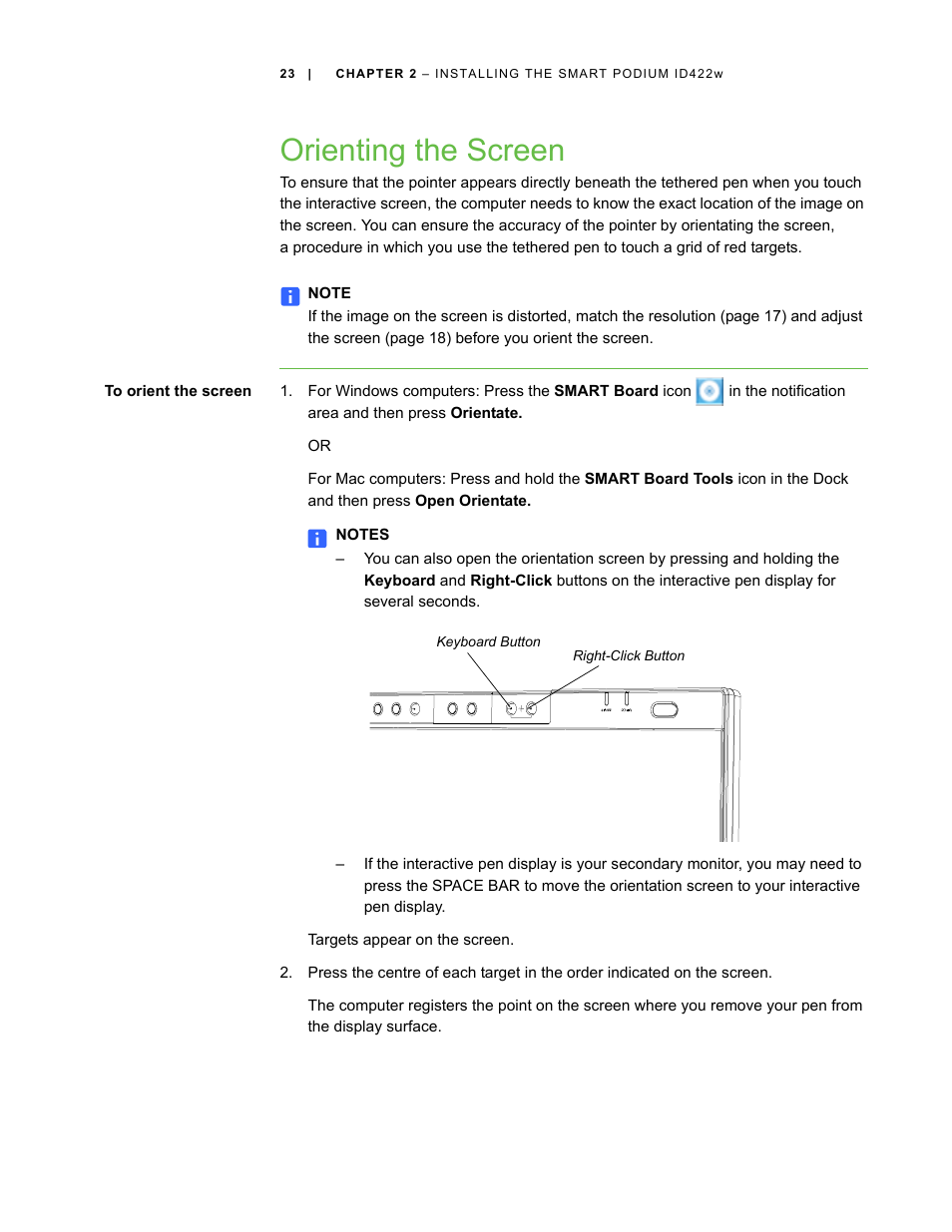 Orienting the screen | Smart Technologies ID422w User Manual | Page 33 / 66